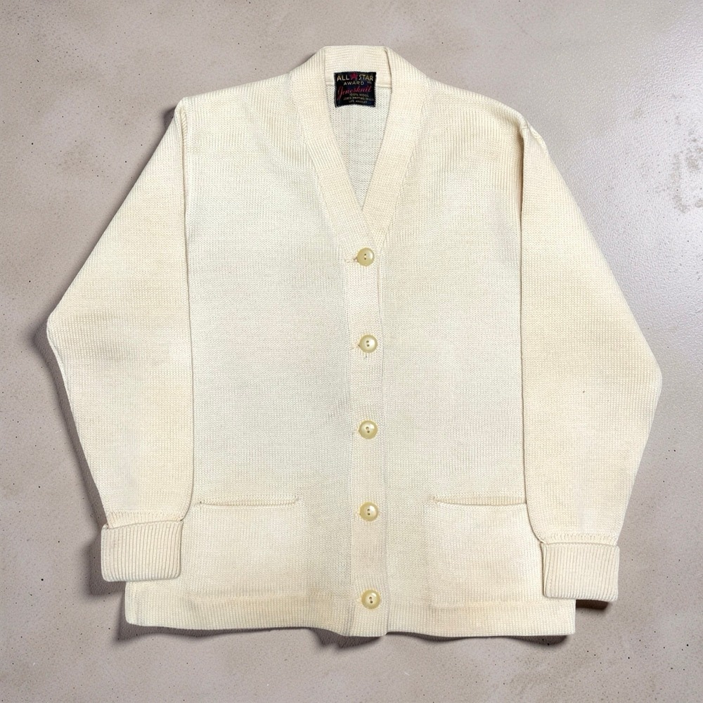 Vintage 50s 60s Jonesknit Men's M Ivory 100% Wool Cardigan Sweater USA